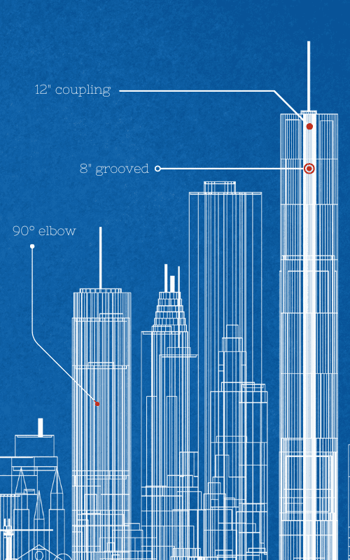 A blueprint of a skyscraper with notes on the specific size and features of sprinkler system needed.