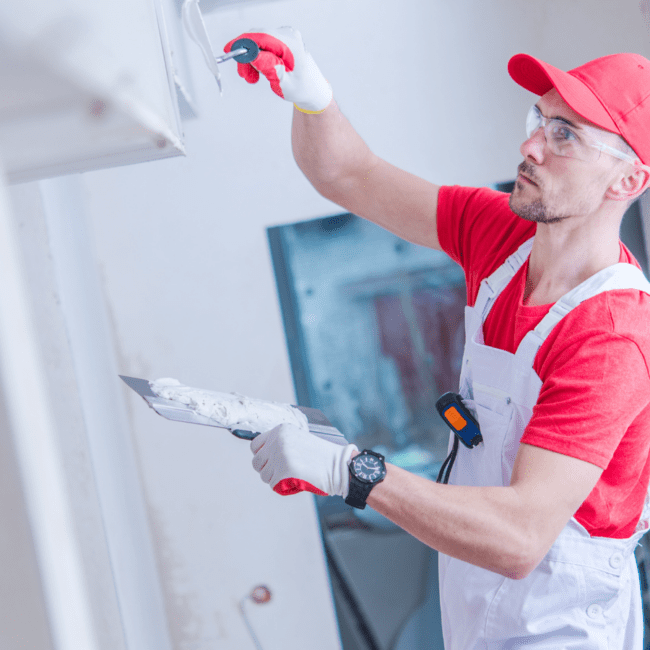 A drywalling installer works on a commercial construction project